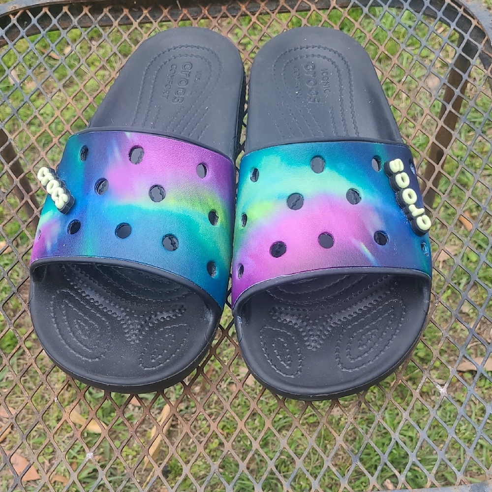 CROCS Black Slide Sandals with Iridescent Purple-Blue-Green Strap